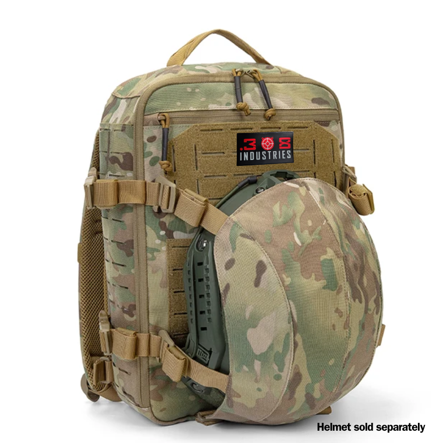 Backpack with helmet pouch attachment